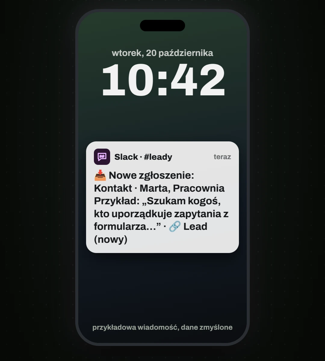 Przykładowe powiadomienie ze Slacka na telefonie: nowe zgłoszenie z formularza kontaktowego od Marty z Pracowni Przykład z linkiem do nowego leada. Dane zmyślone
