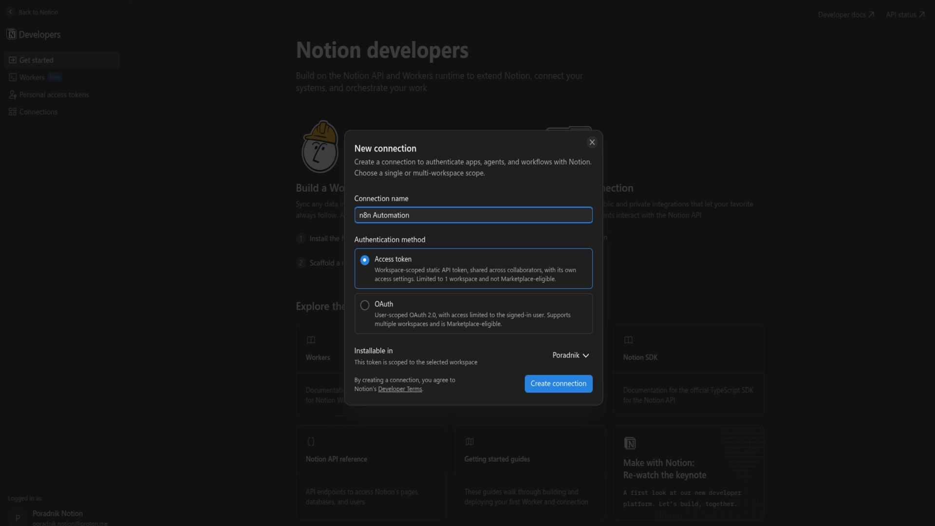 Konfiguracja połączenia Notion z n8n w zakładce Notion developers.