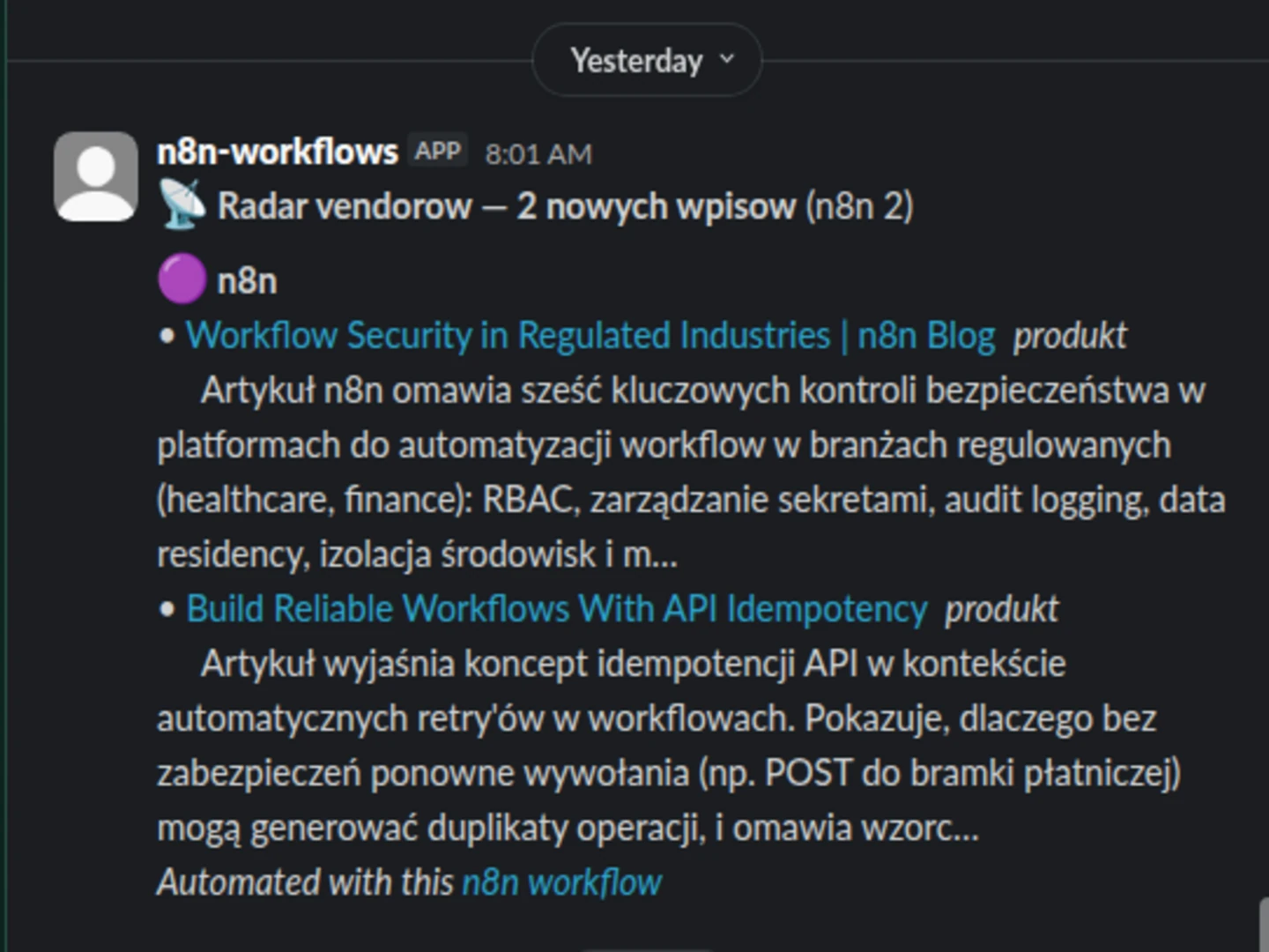 Wiadomość na Slacku od aplikacji n8n: Radar vendorów, 2 nowe wpisy z n8n, każdy z tytułem, linkiem i dwuzdaniowym streszczeniem po polsku
