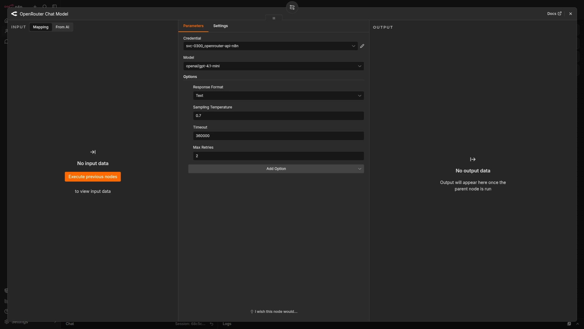 Panel opcji node OpenRouter Chat Model w n8n: Response Format, Sampling Temperature, Timeout, Max Retries