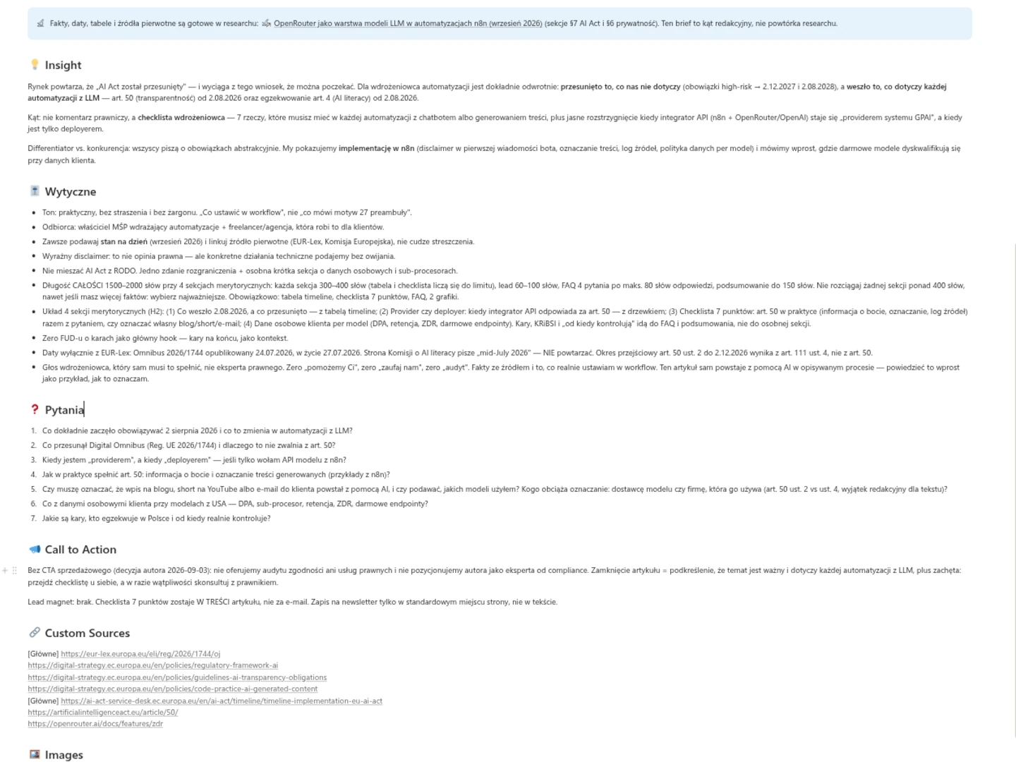 Brief pomysłu w Notion: sekcje Insight, Wytyczne, Pytania, Call to Action i lista źródeł własnych oznaczonych jako główne