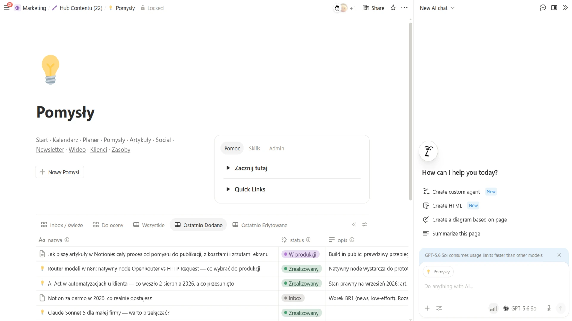 Baza pomysłów w Notion: nawigacja Huba Contentu, przycisk Nowy Pomysł, widoki Inbox, Do oceny i Wszystkie oraz lista pomysłów ze statusami W produkcji i Zrealizowany