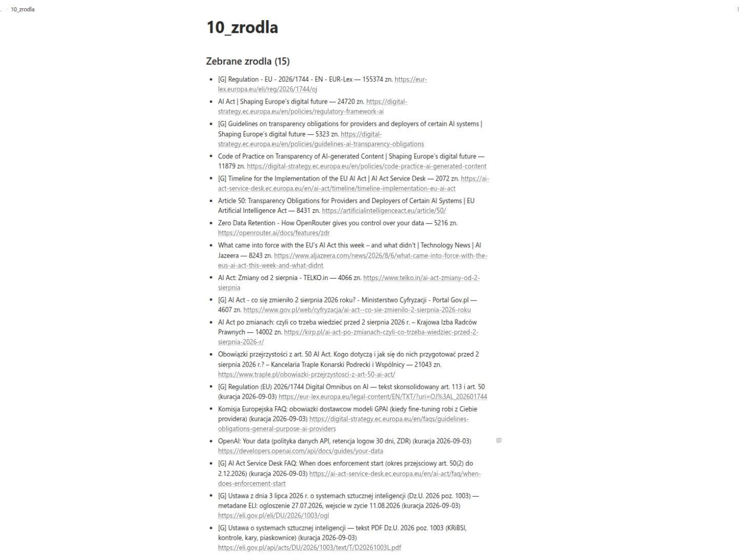 Lista źródeł po ręcznej kuracji: pozycje oznaczone jako główne, przy części adnotacja o dacie sprawdzenia
