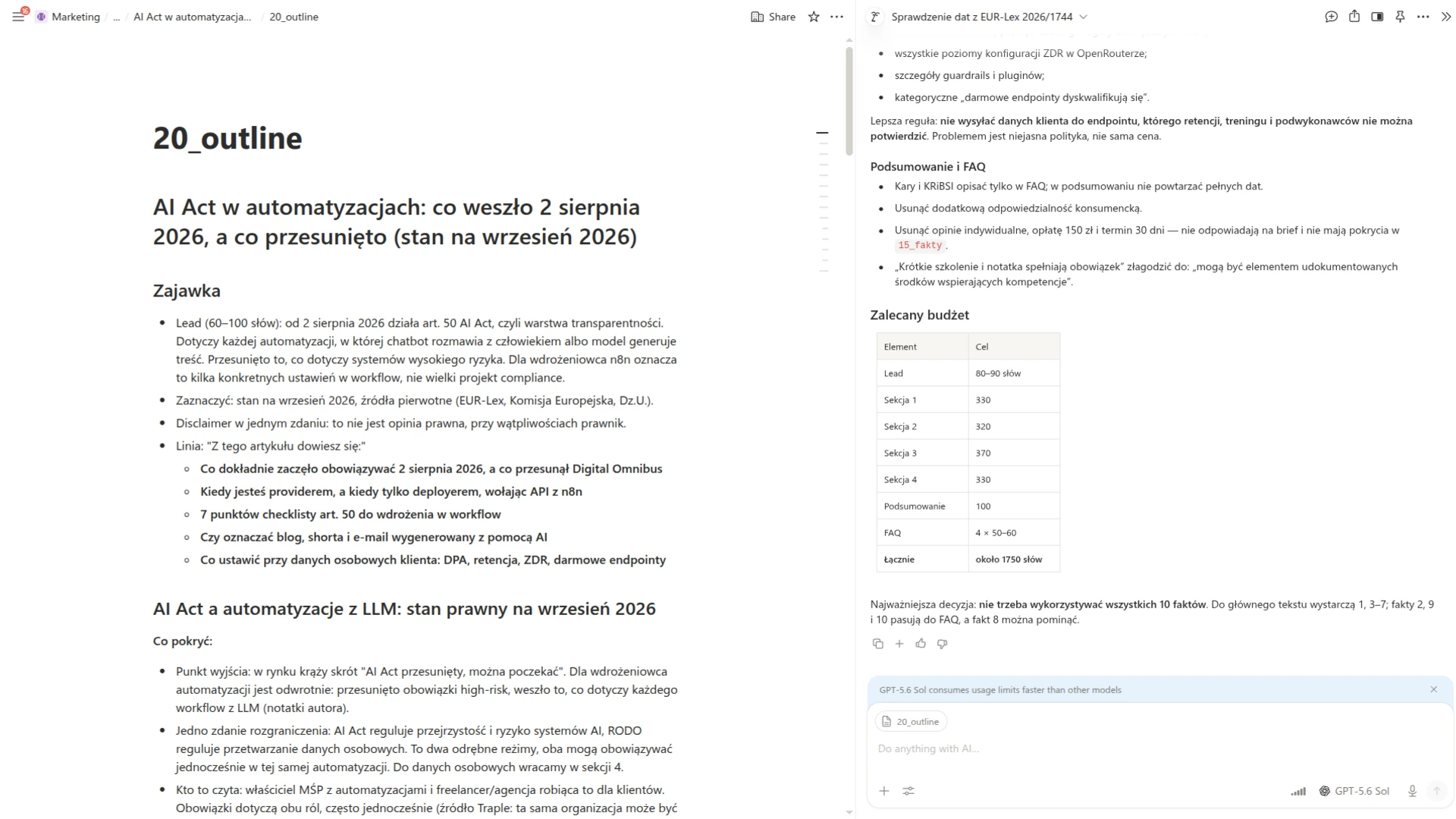 Werdykt agenta oceniającego plan artykułu: pokrycie pytań z briefu i lista proponowanych cięć per sekcja
