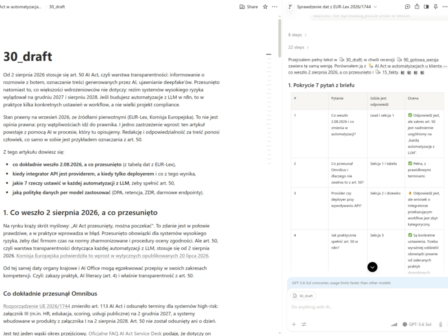 Surowy tekst prosto z automatu obok panelu agenta recenzującego gotowy artykuł