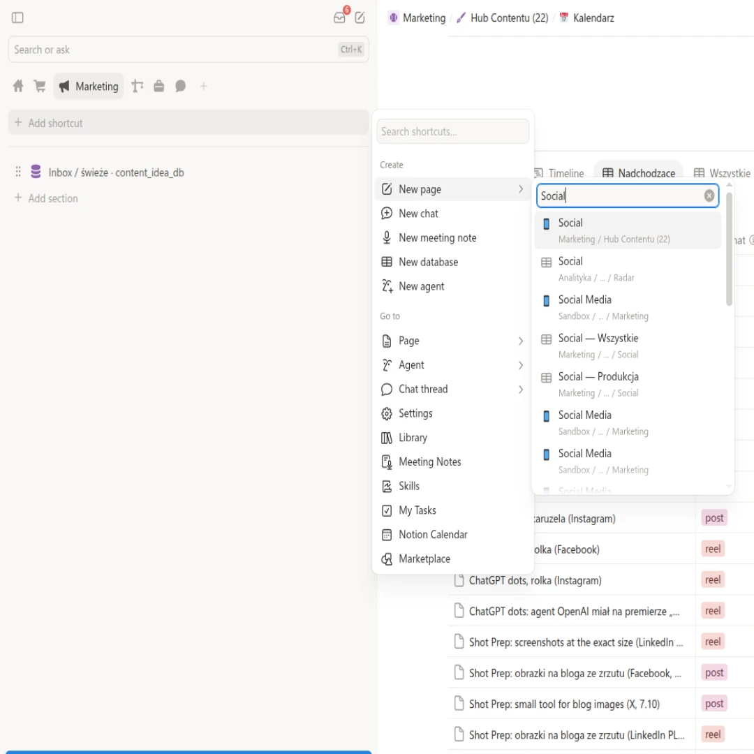 Menu Add shortcut w Notion: część Create z New page, New chat, New meeting note, New database i New agent oraz część Go to z Page, Agent, Chat thread, Settings, Library, Meeting Notes, Skills, My Tasks, Notion Calendar i Marketplace