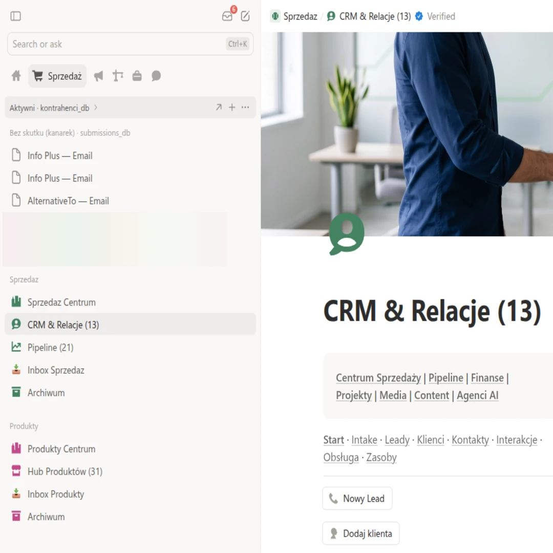 Zakładka Sprzedaż: lista aktywnych klientów i zgłoszeń z poczty, pod nimi teamspace'y Sprzedaż i Produkty z Hubami CRM, Pipeline i Produktów