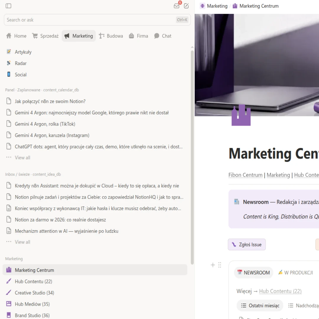 Zakładka Marketing: skróty do Artykułów, Radaru i Social, listy zaplanowanych publikacji i nowych pomysłów, teamspace Marketing