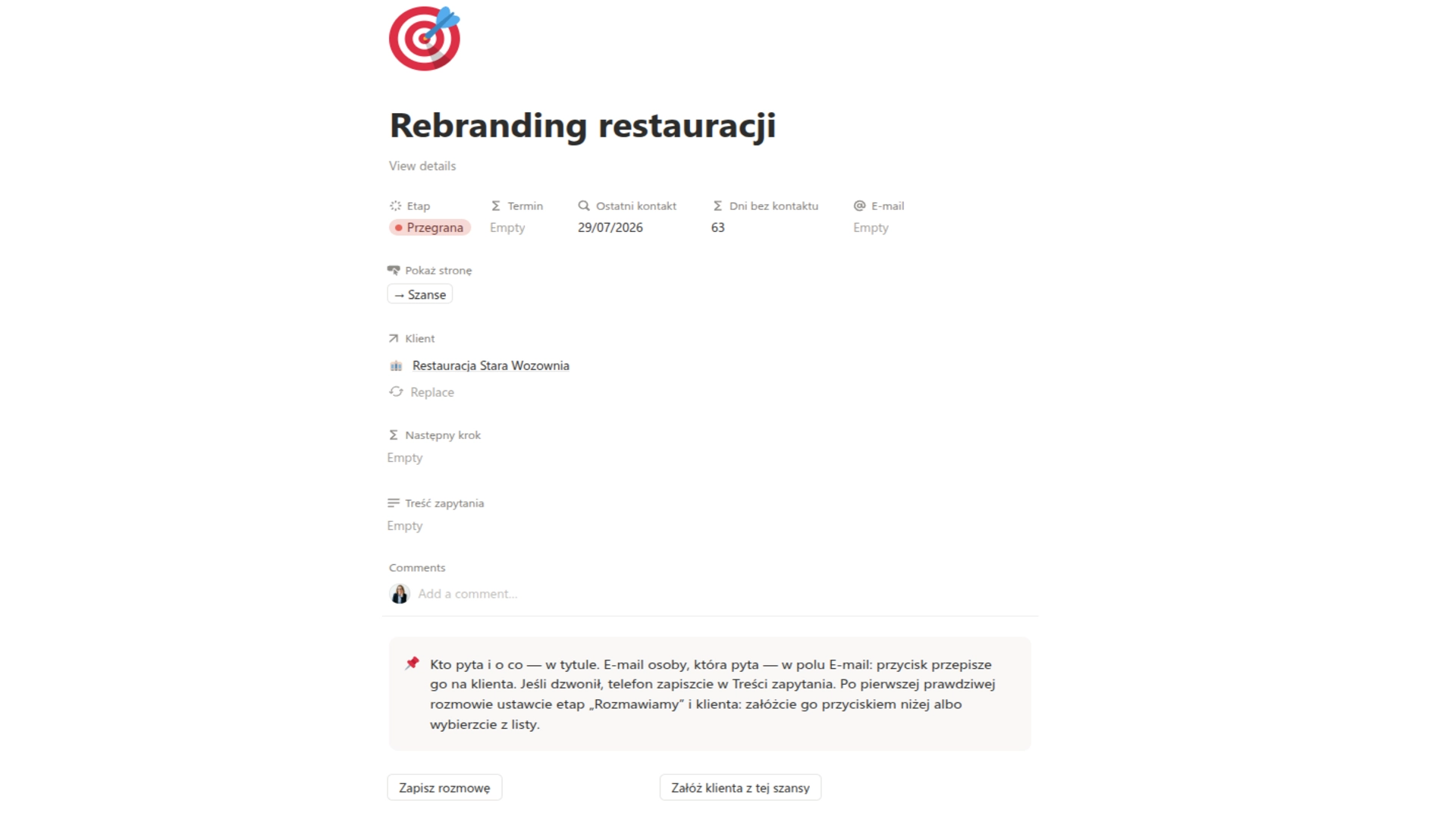 Strona szansy Rebranding restauracji oczami konta testowego: etap, termin, ostatni kontakt, bez pola Wartość