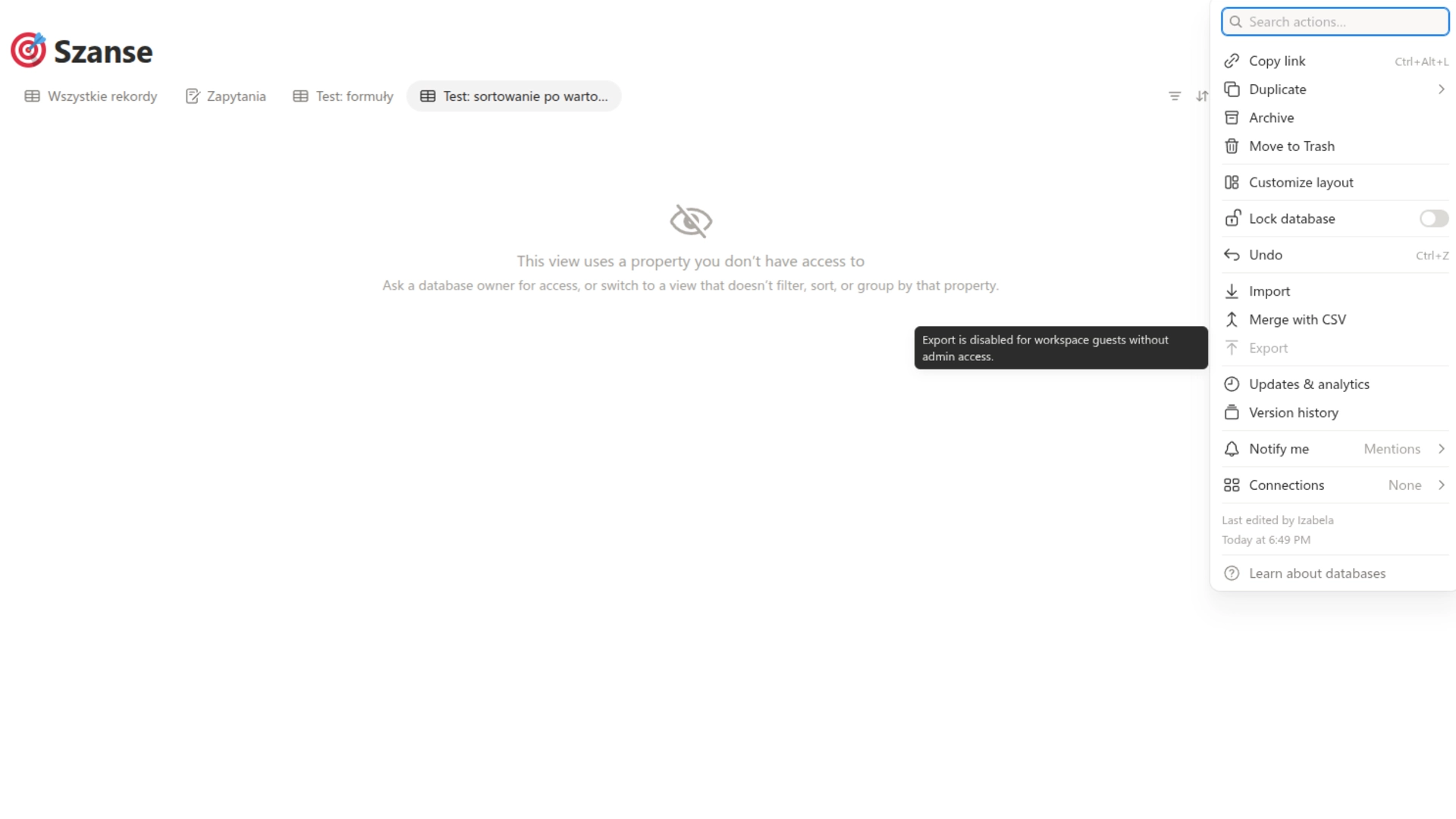Menu bazy na koncie gościa: pozycja Export wyszarzona, dymek Export is disabled for workspace guests without admin access