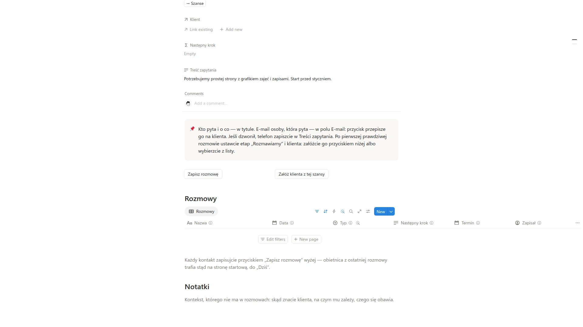 Karta szansy w szablonie CRM z przyciskiem Załóż klienta z tej szansy