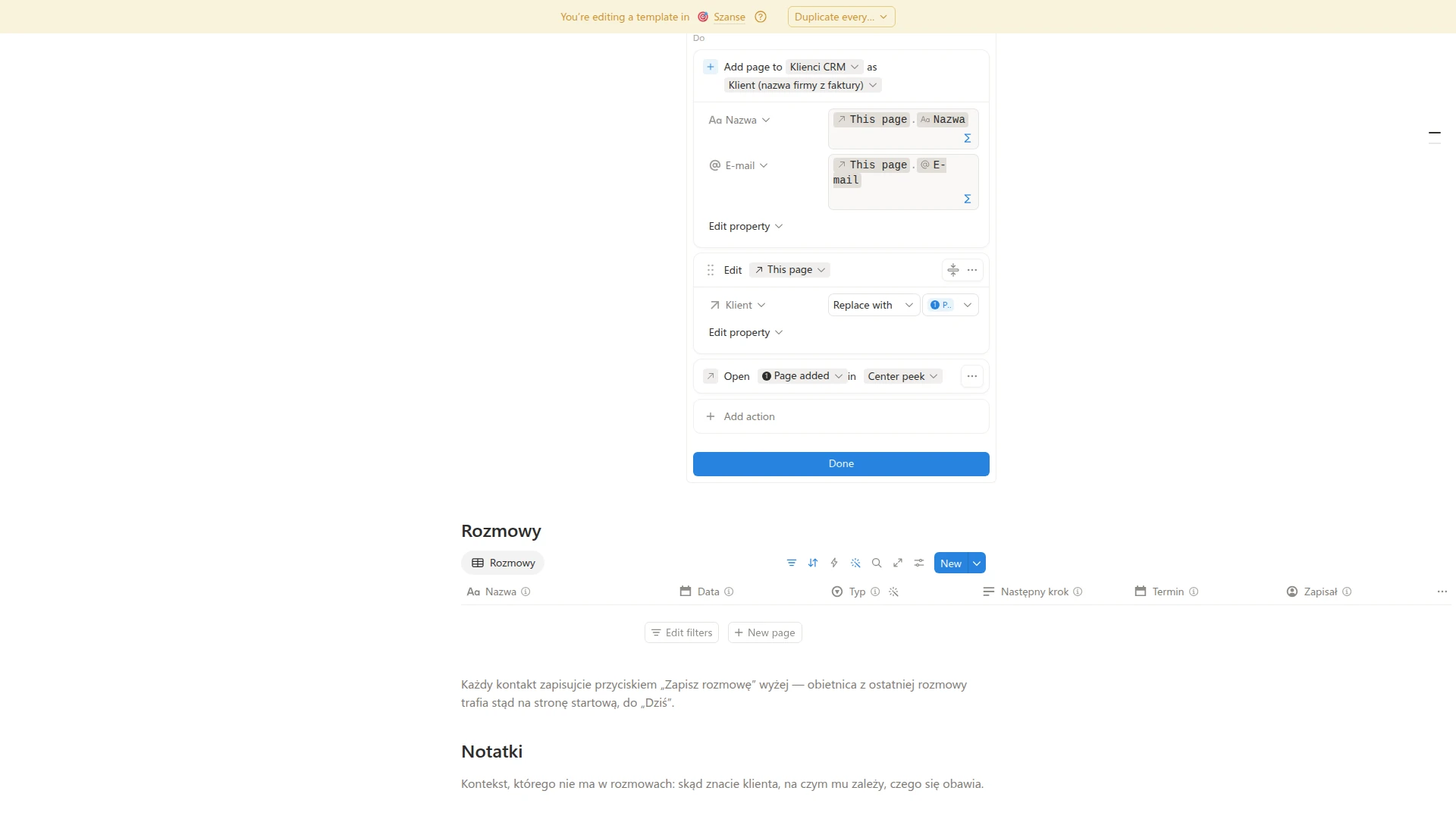 Konfiguracja przycisku: Add page to Klienci z formułami This page Nazwa i E-mail, Edit This page z polem Klient i akcja Open