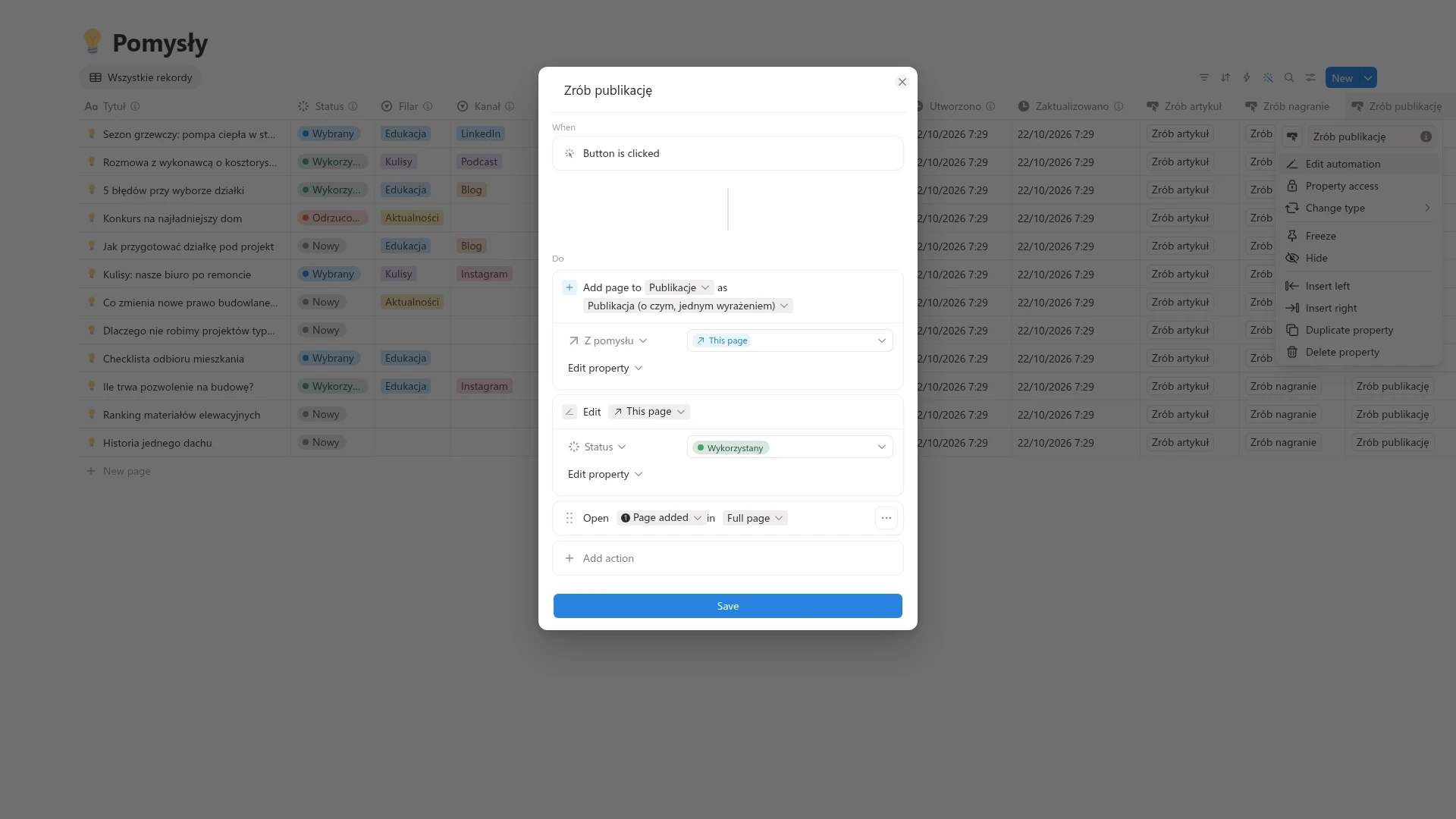 Przycisk w bazie Zrób publikację z trzema akcjami: Add page to, Edit property i Open