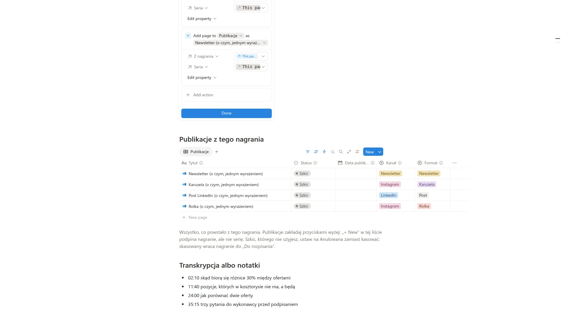 Przycisk Rozpisz na kanały z czterema akcjami Add page to, każda z innym szablonem