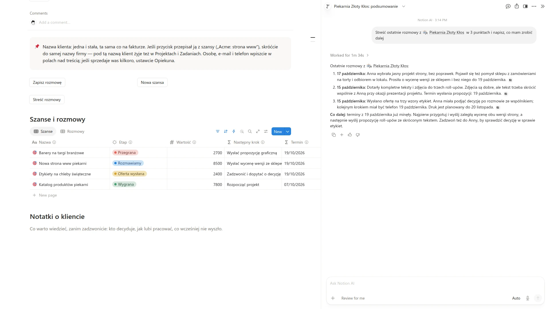 Panel Notion AI ze streszczeniem rozmów z klientem po kliknięciu przycisku Streść rozmowy