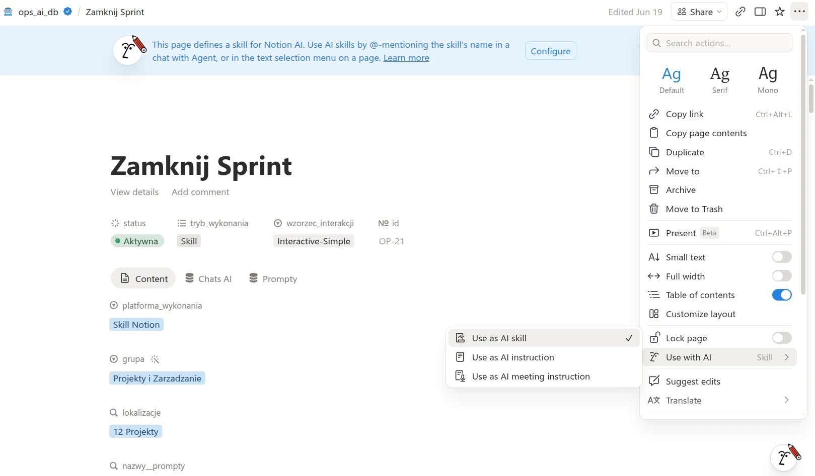 Konfiguracja umiejętności AI w Notion: strona "Zamknij Sprint" z opcją "Use as AI skill" w menu kontekstowym.