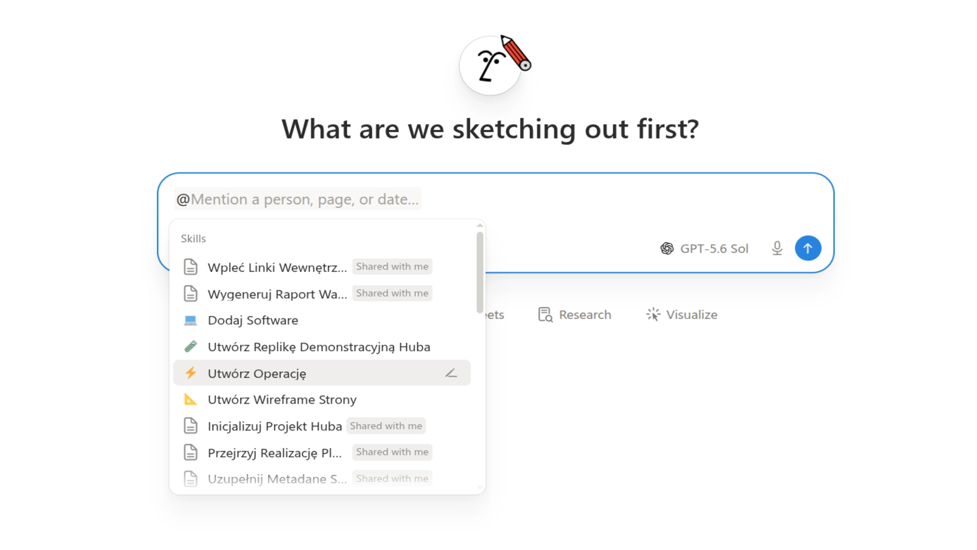 Menu automatyzacji w Notion z listą skilli AI, takich jak tworzenie wireframe czy generowanie raportów.