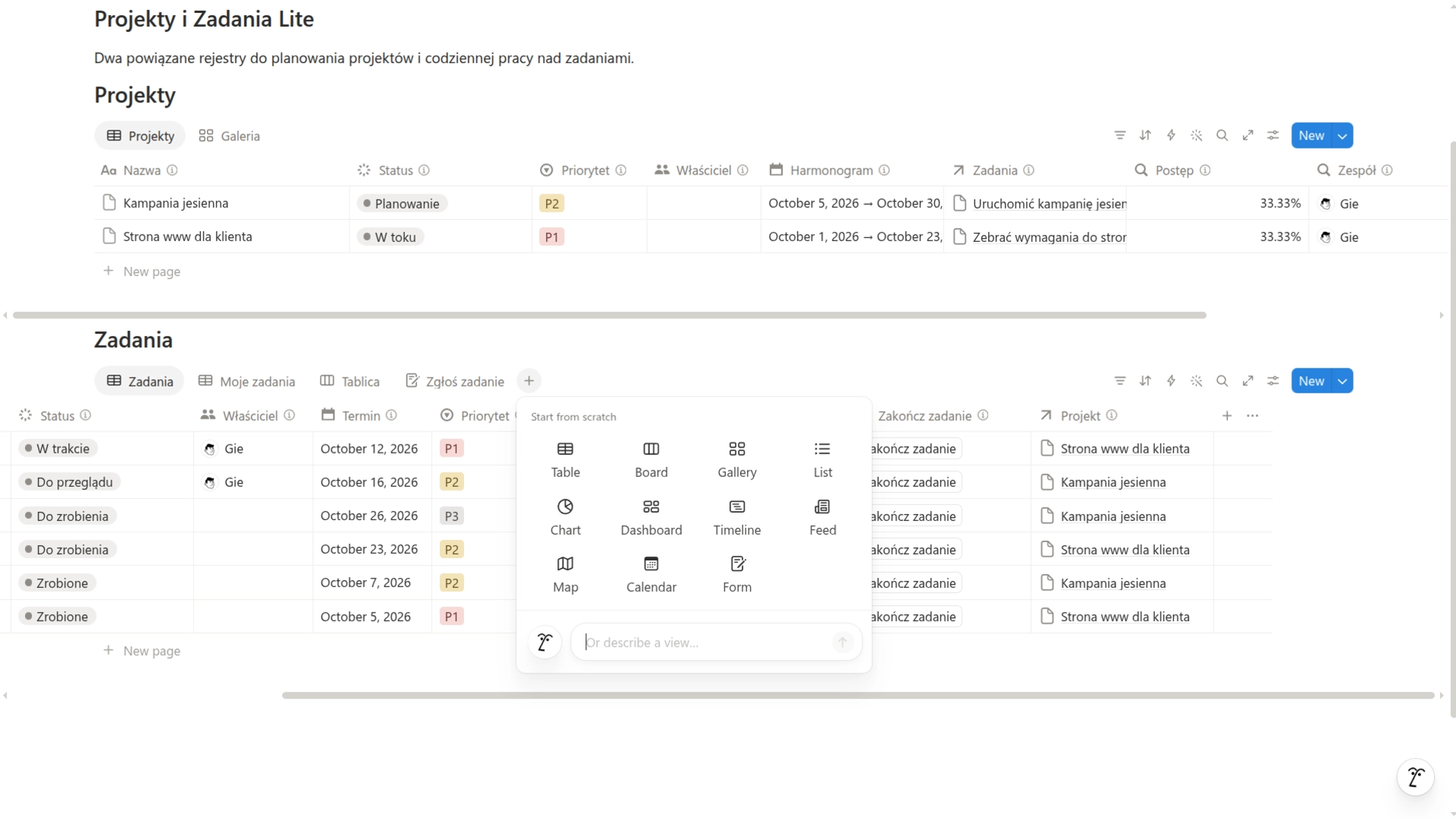 Menu nowego widoku w Notion: Table, Board, Gallery, List, Chart, Dashboard, Timeline, Feed, Map, Calendar i Form, a na dole pole Or describe a view do opisania widoku dla AI