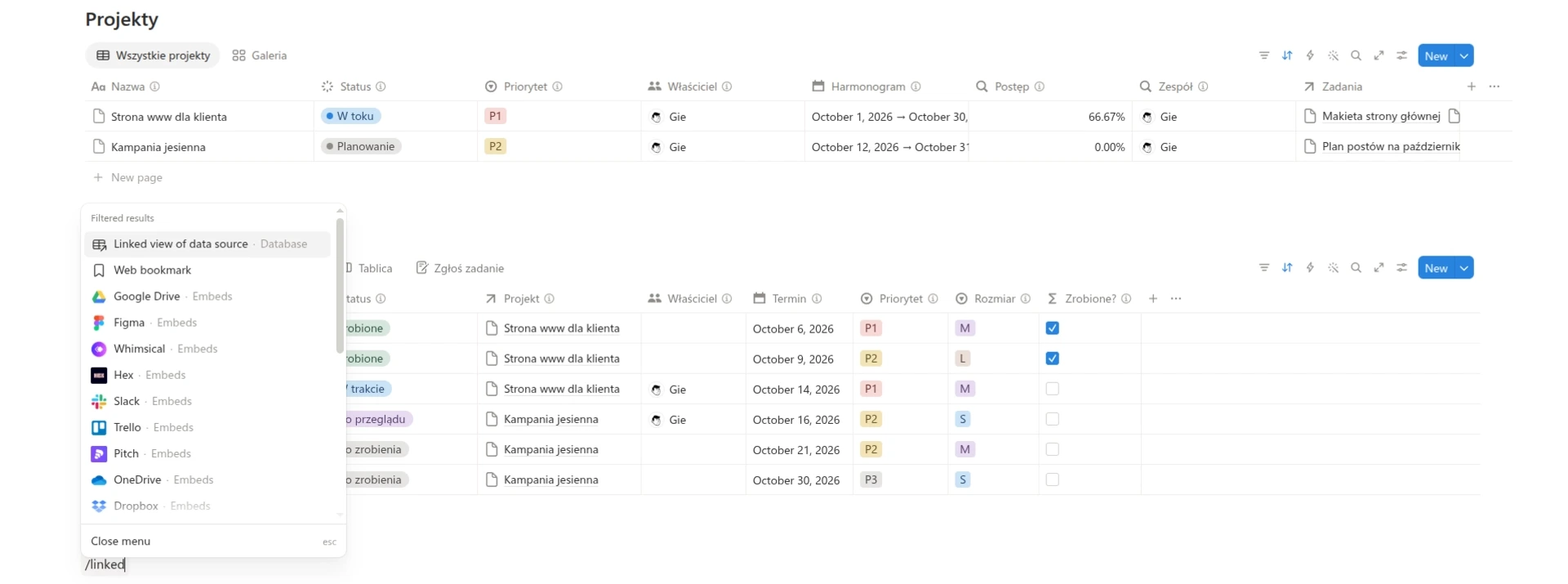 Menu poleceń w Notion po wpisaniu /linked z podświetloną pozycją Linked view of data source