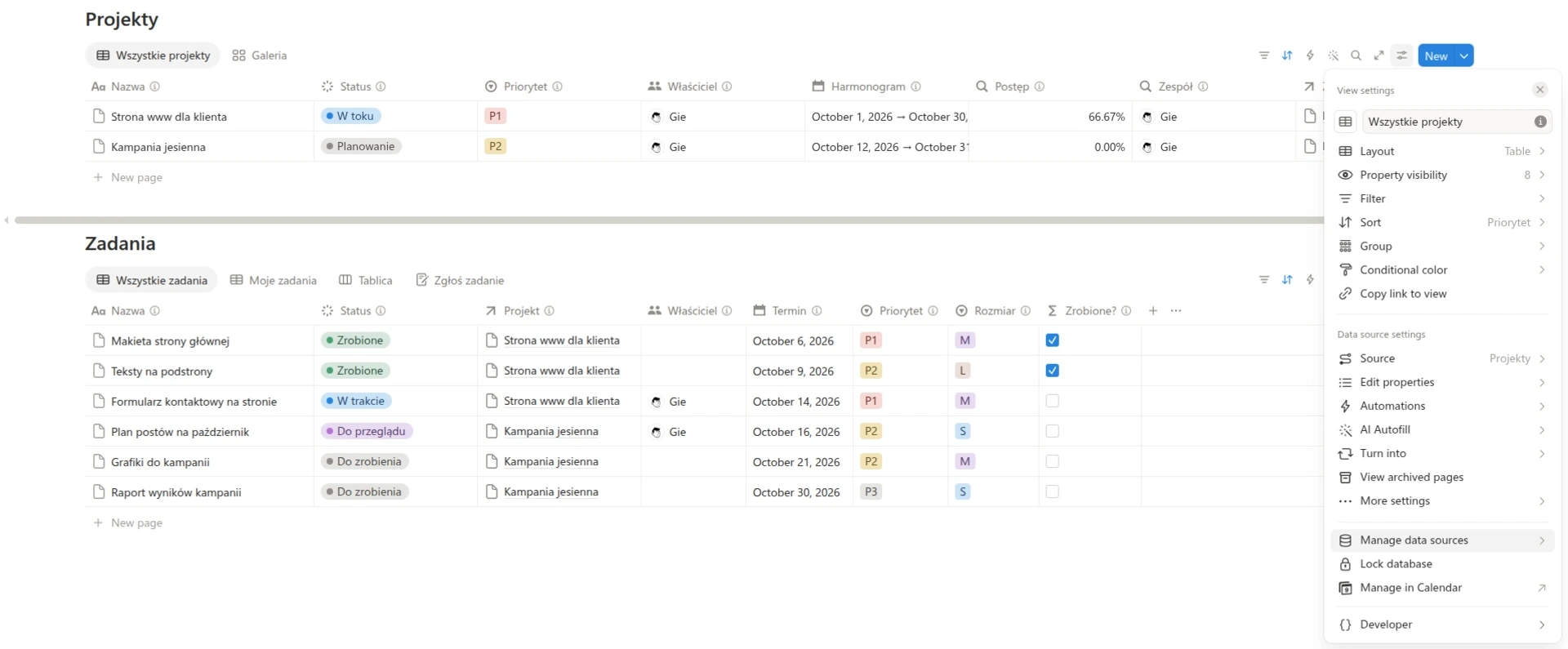 Ustawienia bazy pod ikoną suwaka w Notion: sekcja Data source settings, a na dole pozycje Manage data sources i Lock database