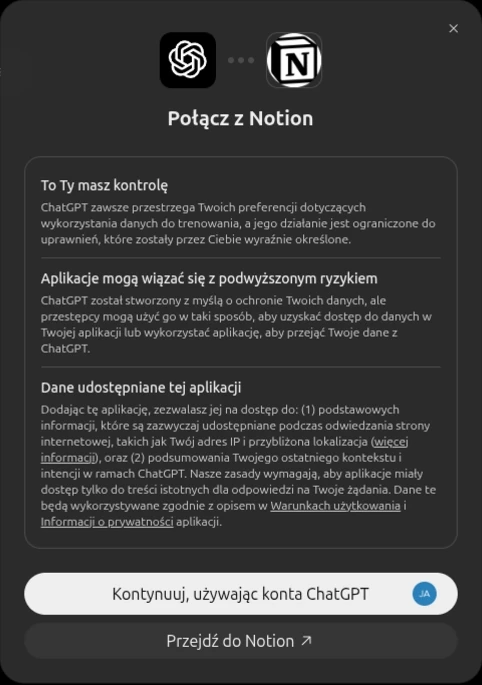 Okno Połącz z Notion w ChatGPT: kontrola, ryzyko i dane udostępniane aplikacji