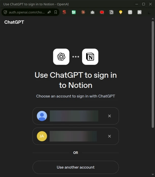 Okno OpenAI: zaloguj się do Notion kontem ChatGPT, konta zamazane