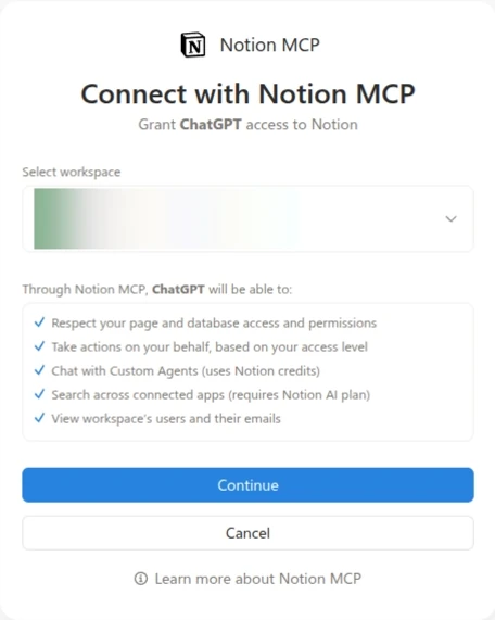 Okno Connect with Notion MCP: wybór workspace i lista uprawnień ChatGPT