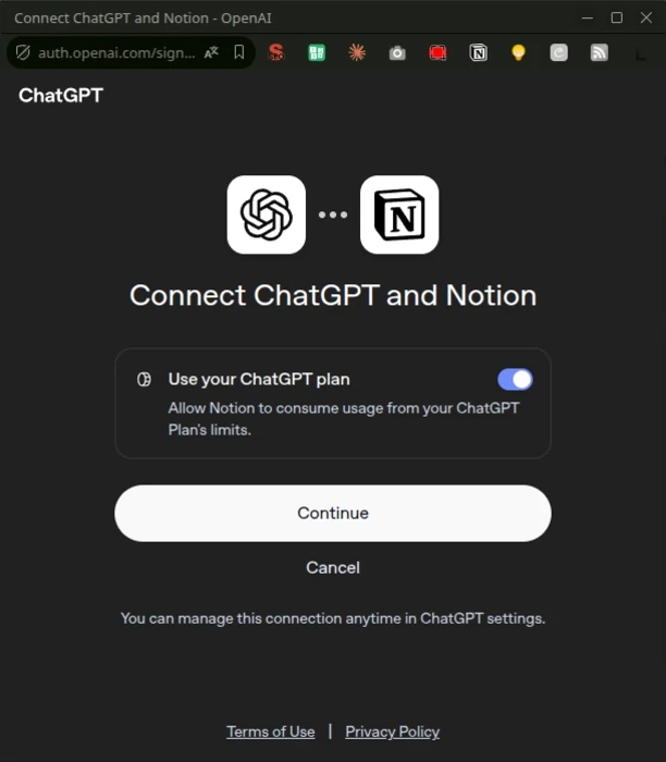 Ekran Connect ChatGPT and Notion z włączonym przełącznikiem Use your ChatGPT plan