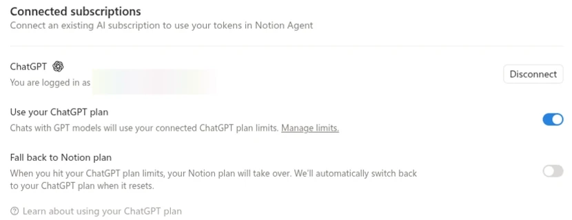 Notion, Settings, Notion AI, Usage: podłączony ChatGPT, przełączniki Use your ChatGPT plan i Fall back to Notion plan