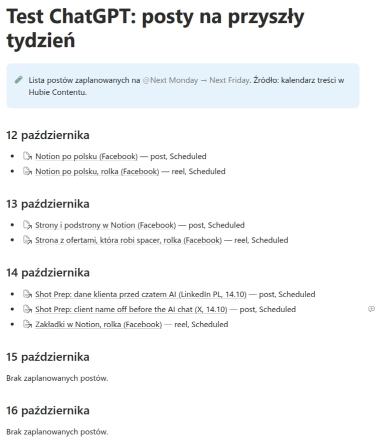 Strona utworzona przez ChatGPT w Notion: posty na 12–16 października pogrupowane według dni