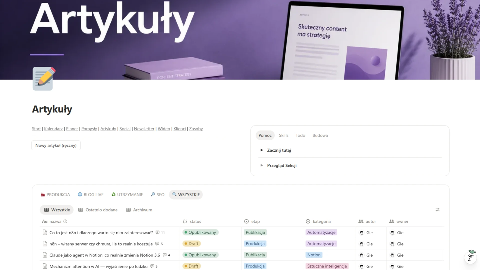 Baza artykułów jako centrum pracy nad treścią: status, etap, kategoria i właściciel w jednej tabeli, z widokami Produkcja, Blog Live i SEO