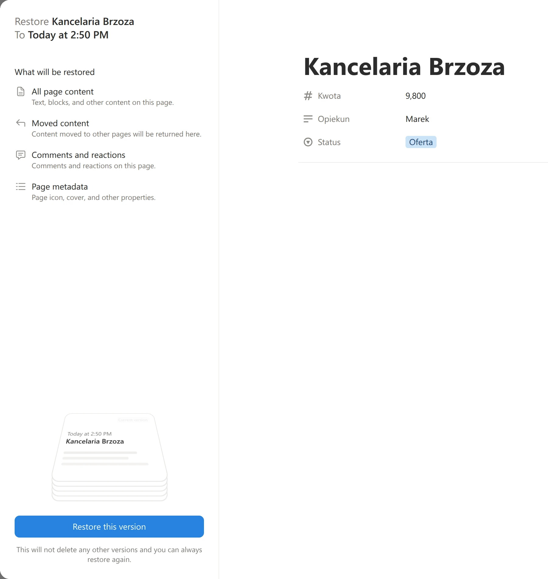 Okno przywracania wersji w Notion: Restore Kancelaria Brzoza To Today at 2:50 PM, lista What will be restored i przycisk Restore this version