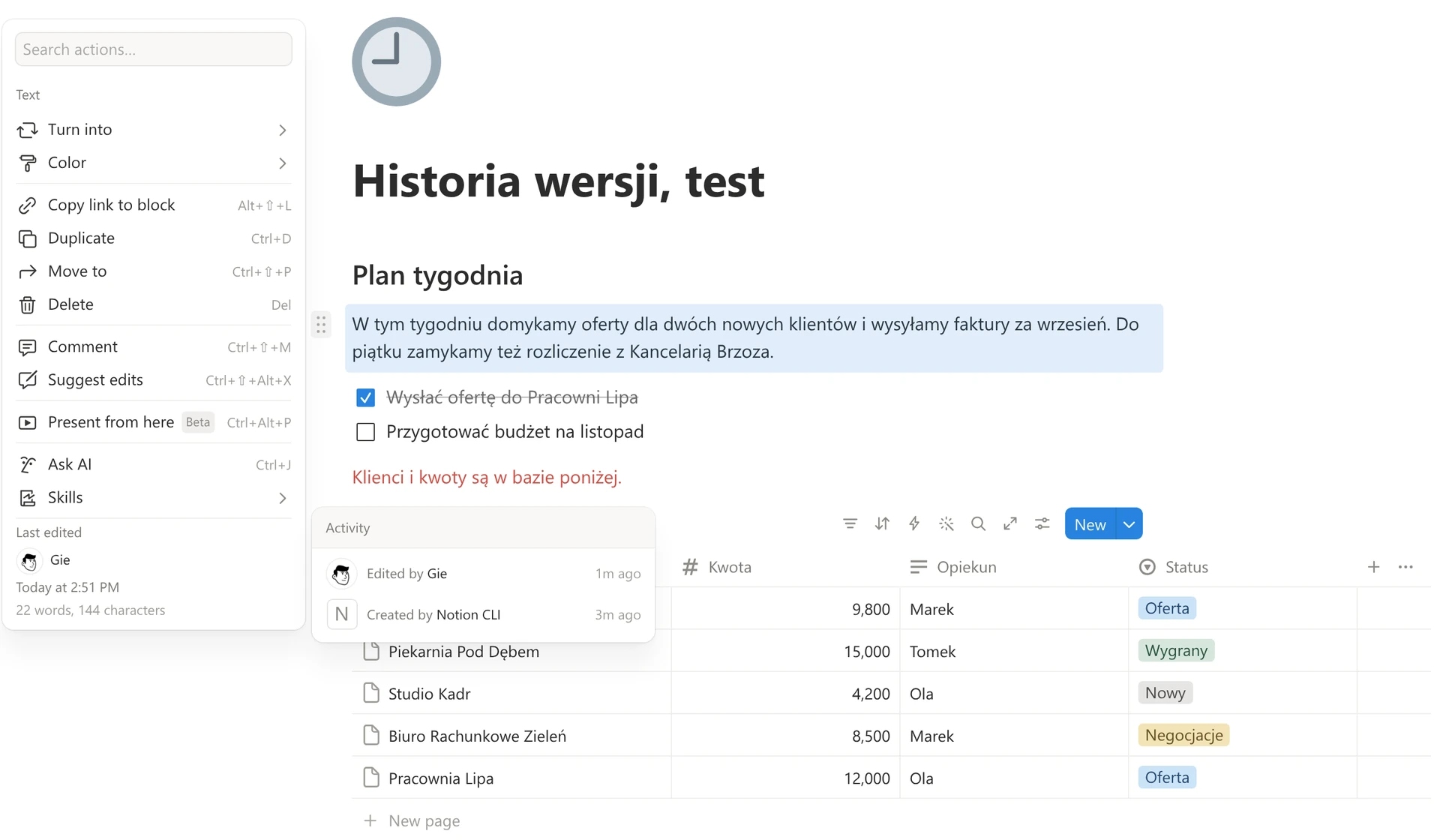 Menu bloku w Notion ze stopką Last edited i dymkiem Activity: Edited by Gie, Created by Notion CLI