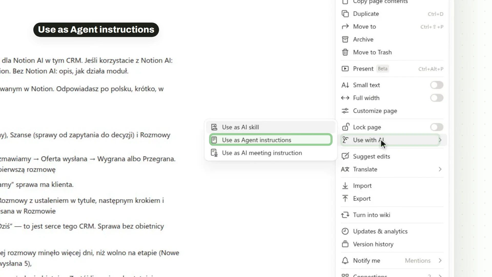Menu strony w Notion: Use with AI i podświetlona pozycja Use as Agent instructions