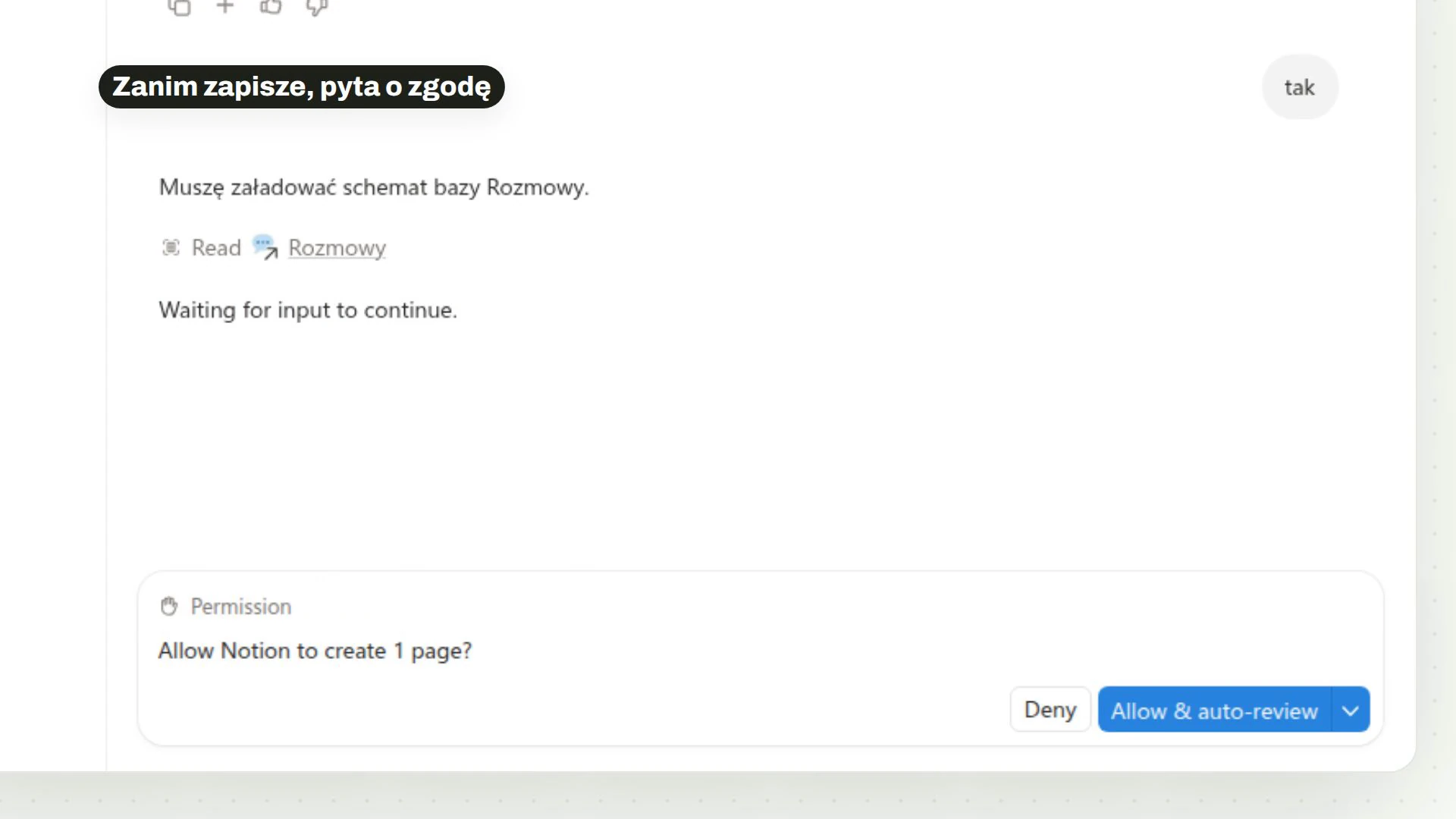 Tryb Always ask: skill czeka na zgodę, zanim zapisze wpis w bazie Rozmowy