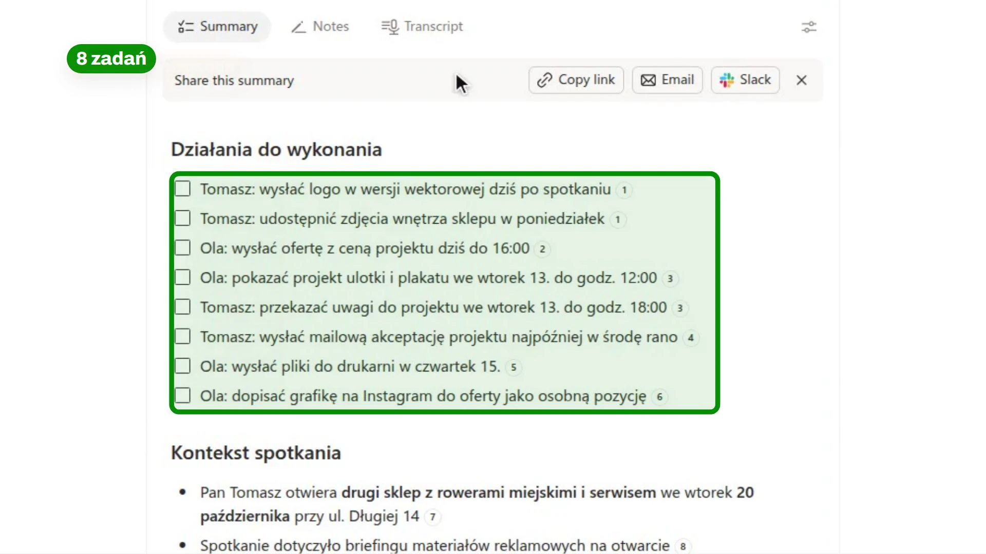 Podsumowanie spotkania w Notion po polsku: osiem działań z osobą i terminem