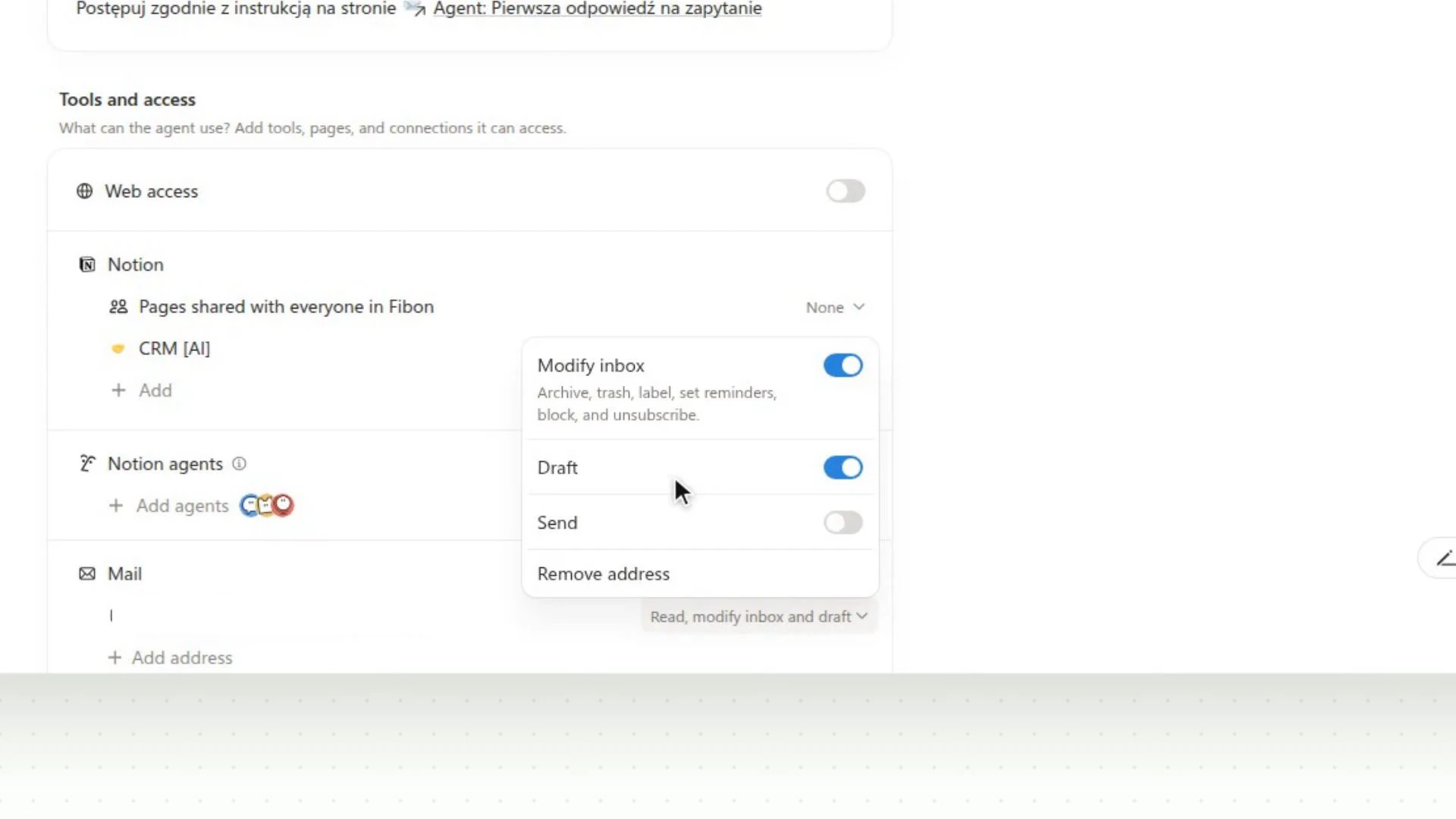 Dostęp agenta do skrzynki: przełączniki Modify inbox, Draft i Send, wysyłanie wyłączone