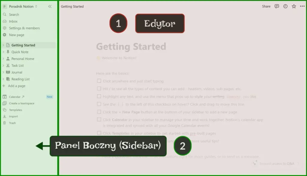 Panel boczny Notion z opcjami nawigacji i edycji strony, obok edytor strony z instrukcjami.