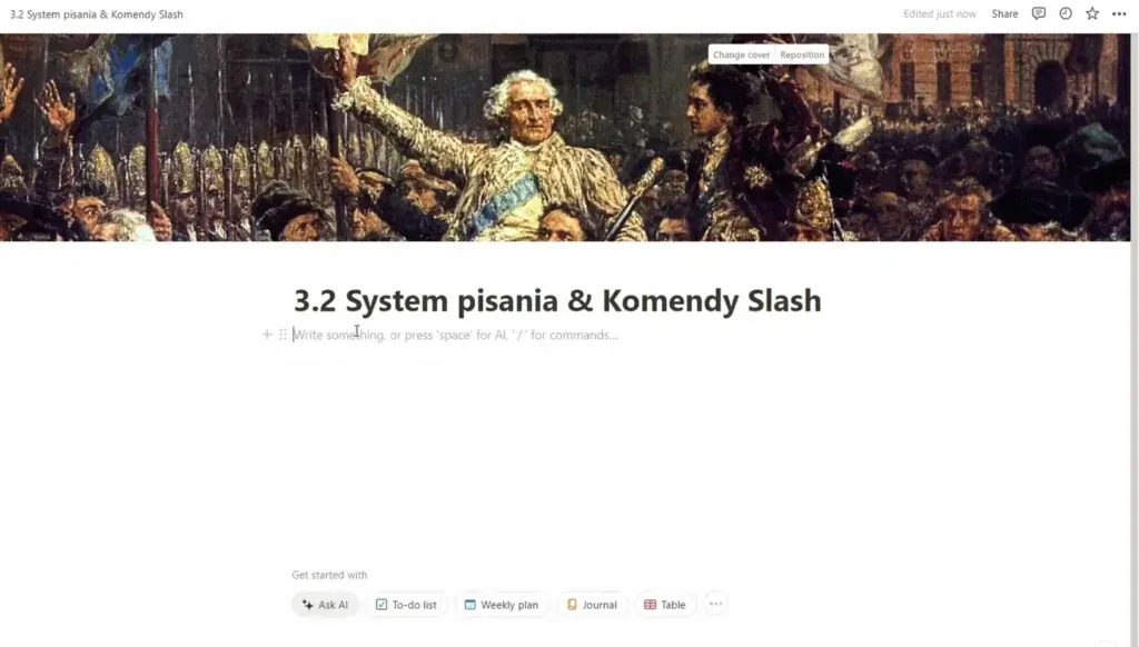 Edytor tekstu z systemem pisania i komendami Slash, umożliwiającymi szybkie tworzenie treści i dostęp do funkcji.