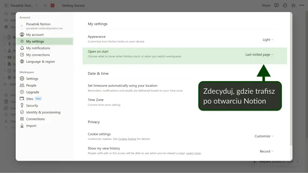 Ustawienia Notion pozwalają zdecydować, co pojawia się po otwarciu aplikacji.