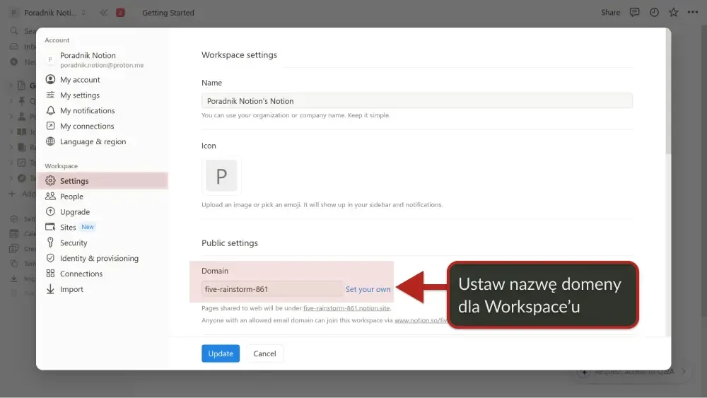 Ustawienia workspace'a w Notion z podświetloną opcją ustawienia własnej domeny.