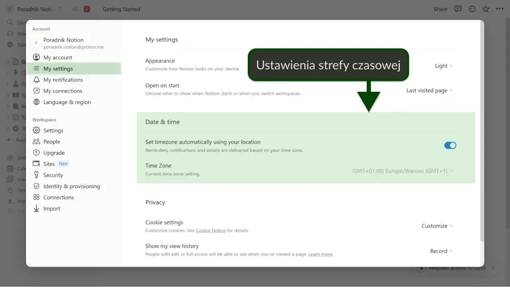 Ustawienia strefy czasowej w Notion, pozwalające na automatyczne ustawienie godziny wg lokalizacji.