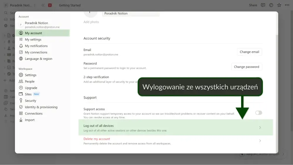 Ustawienia konta umożliwiające wylogowanie ze wszystkich urządzeń.
