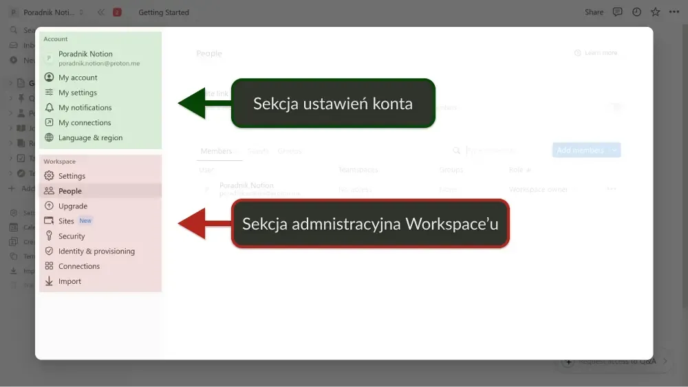 Dwie sekcje ustawień w Notion: ustawienia konta oraz administracja Workspace'u.