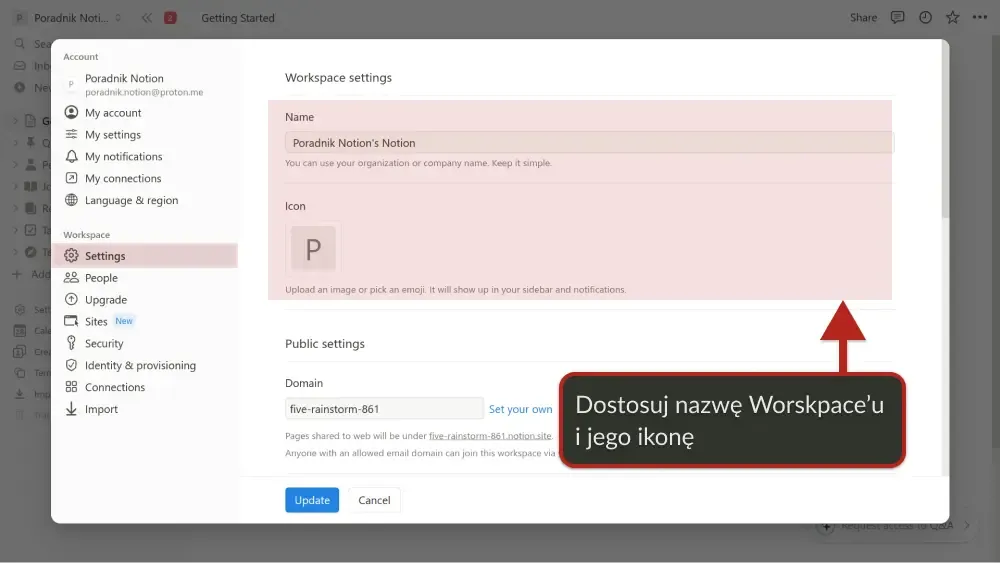 Ustawienia workspace'u pozwalają na personalizację nazwy i ikony.