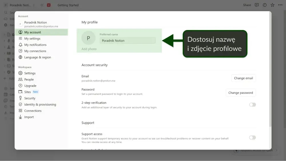 Ustawienia profilu użytkownika w Notion, pozwalające na personalizację nazwy i zdjęcia profilowego oraz zarządzanie…