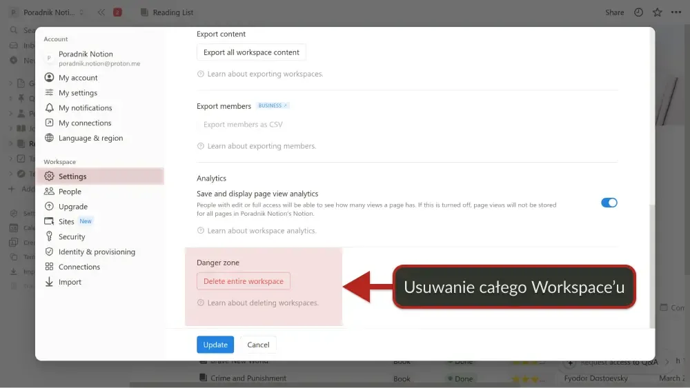 Ustawienia Notion - strefa niebezpieczna z opcją usunięcia całego workspace'u.