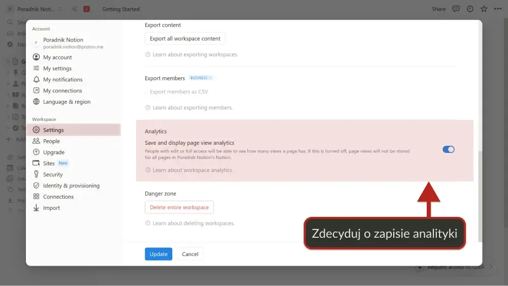 Ustawienia dotyczące analityki wyświetleń stron w Notion, pozwalające włączyć lub wyłączyć zapisywanie danych o…