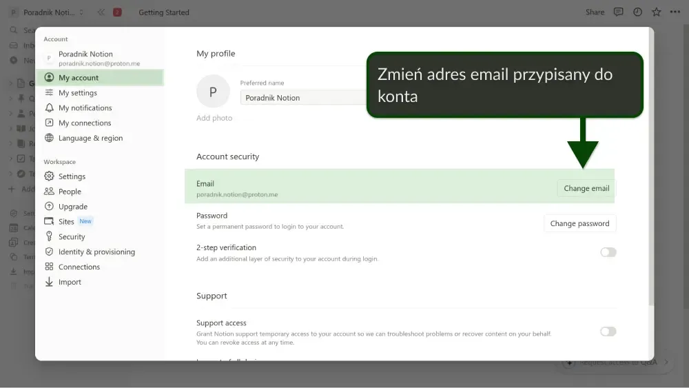 Zmiana adresu e-mail przypisanego do konta w ustawieniach Notion.