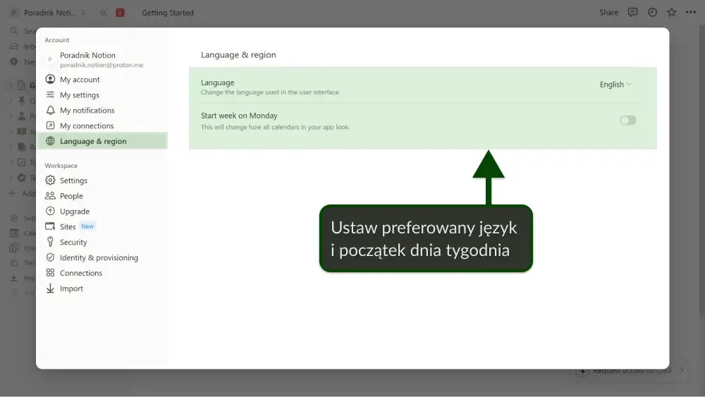 Ustawienia języka i regionu w Notion, pozwalające na personalizację interfejsu i początku tygodnia.